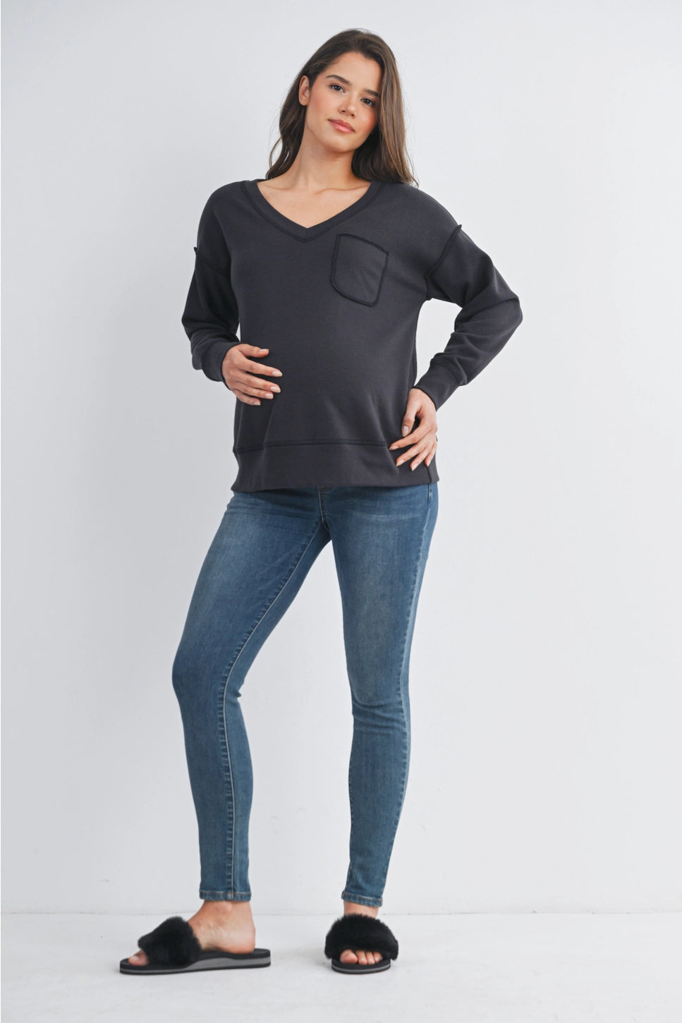 Hello Miz Terry V Neck Long Sleeve Maternity Pullover Top