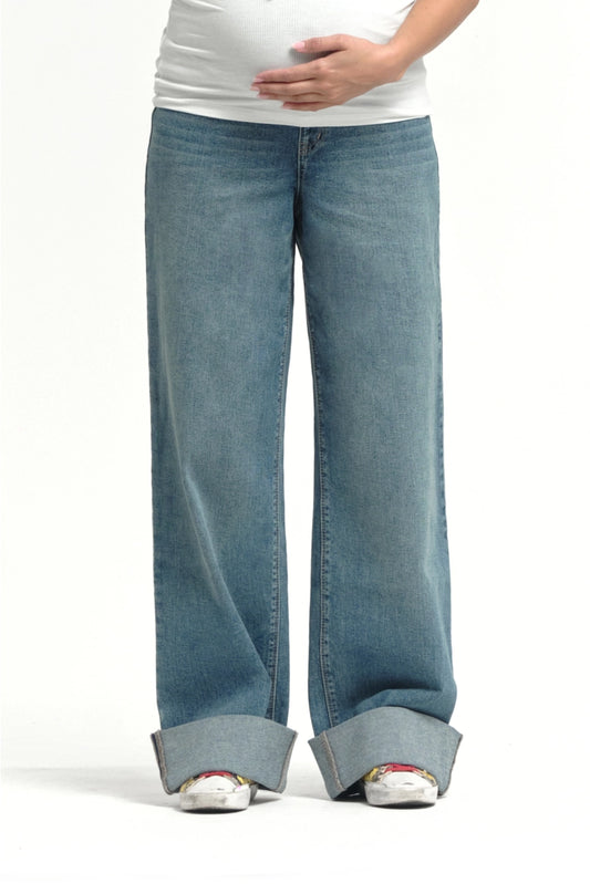1822 Denim Maternity Wide Leg with Roll Cuff and BellyBand Jean in Willa Wash