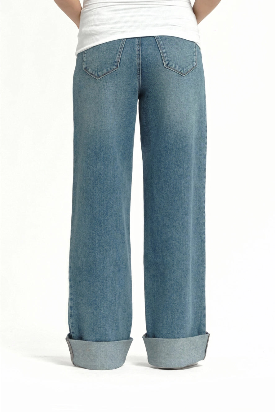1822 Denim Maternity Wide Leg with Roll Cuff and BellyBand Jean in Willa Wash