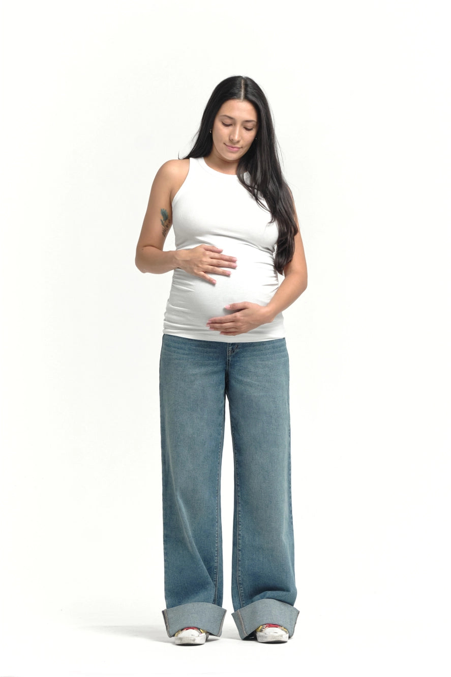 1822 Denim Maternity Wide Leg with Roll Cuff and BellyBand Jean in Willa Wash