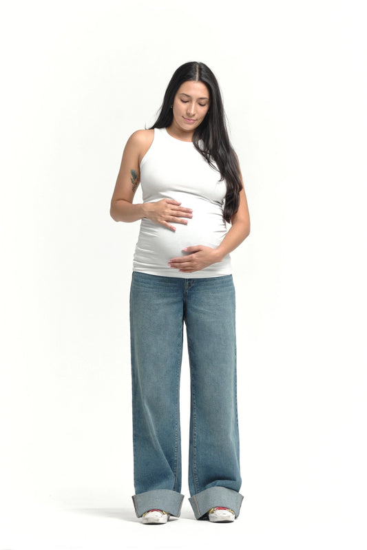 1822 Denim Maternity Wide Leg with Roll Cuff and BellyBand Jean in Willa Wash