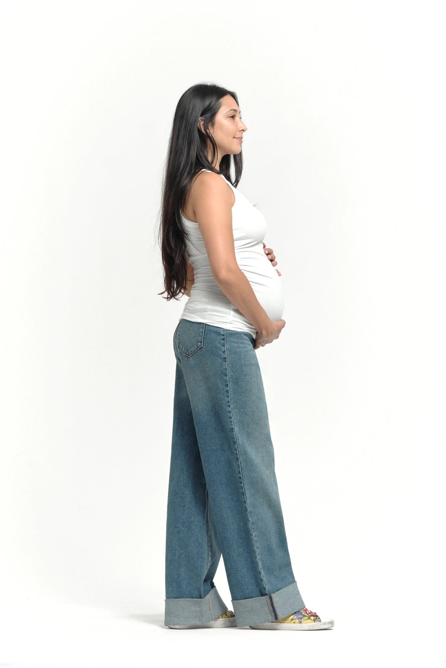 1822 Denim Maternity Wide Leg with Roll Cuff and BellyBand Jean in Willa Wash