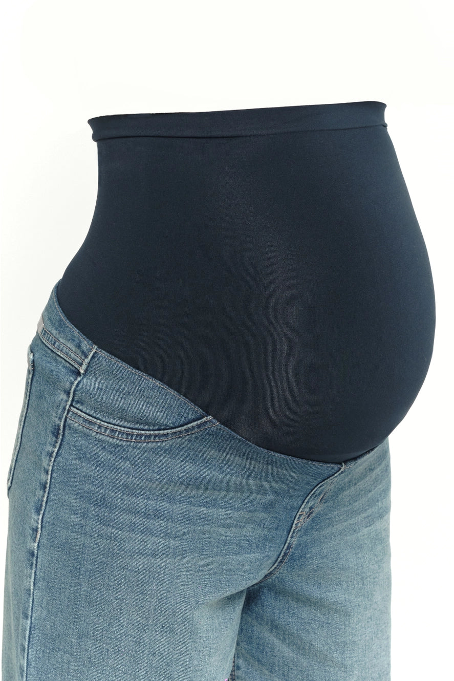 1822 Denim Maternity Wide Leg with Roll Cuff and BellyBand Jean in Willa Wash