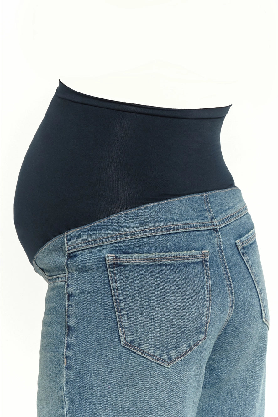 1822 Denim Maternity Wide Leg with Roll Cuff and BellyBand Jean in Willa Wash