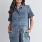 Collared Maternity Denim Romper