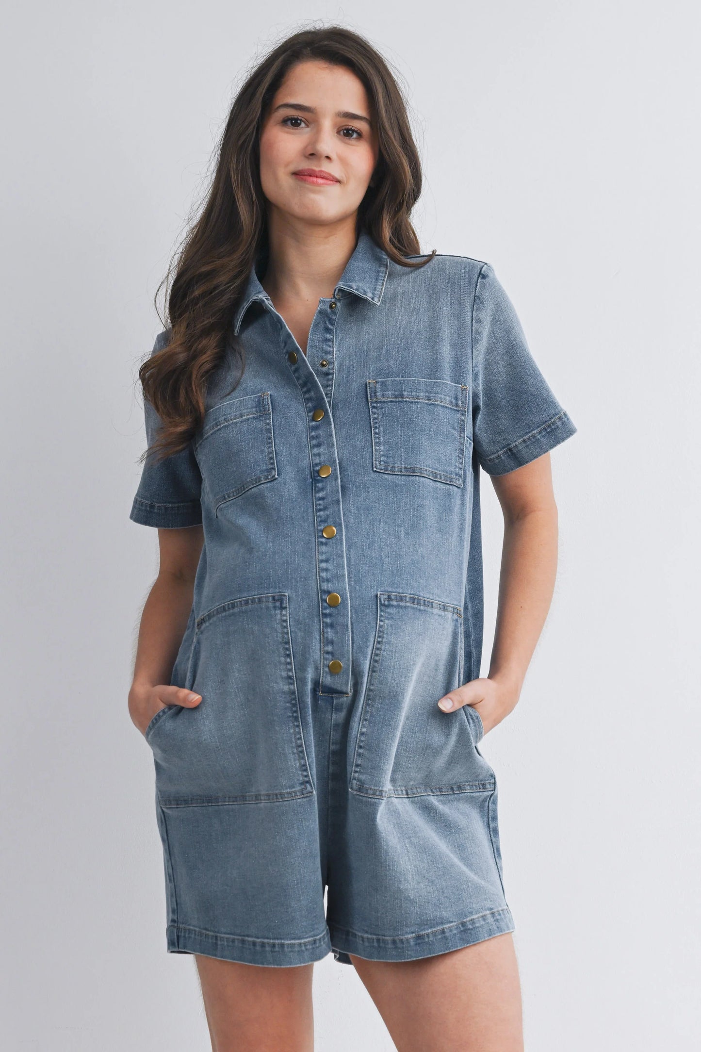 Hello Miz Collared Button Front Maternity Denim Romper