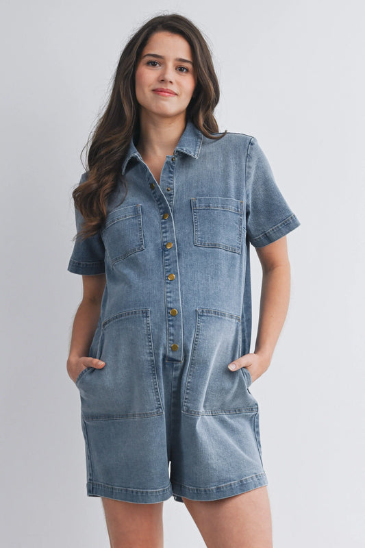 Hello Miz Collared Button Front Maternity Denim Romper