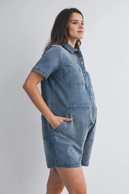 Hello Miz Collared Button Front Maternity Denim Romper