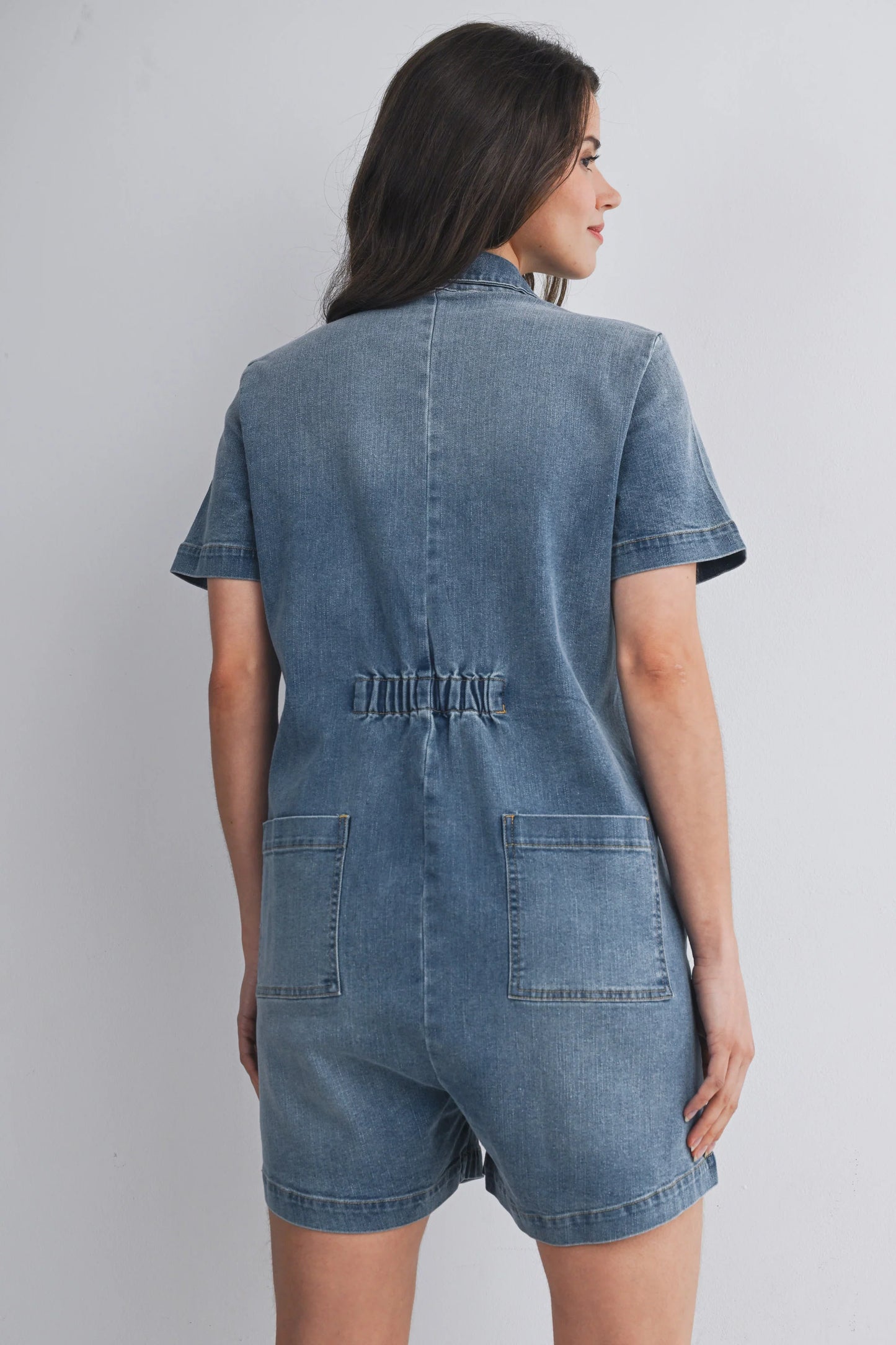 Hello Miz Collared Button Front Maternity Denim Romper