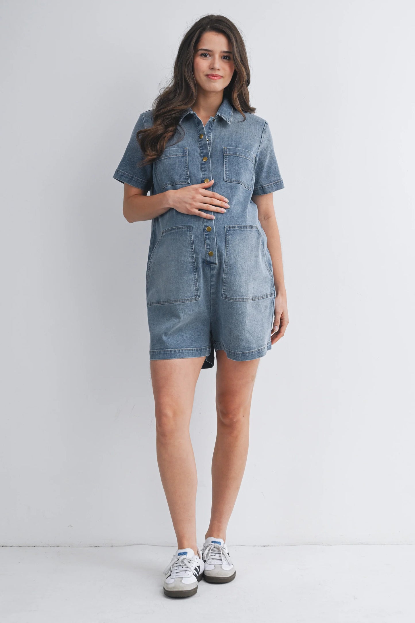 Hello Miz Collared Button Front Maternity Denim Romper