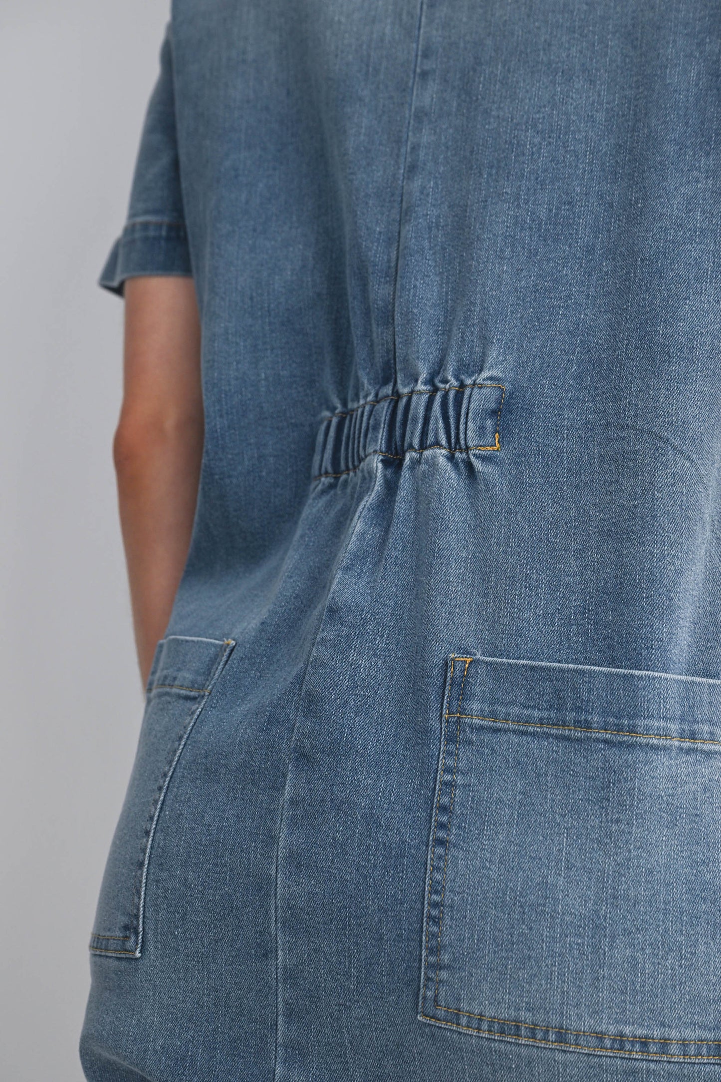 Hello Miz Collared Button Front Maternity Denim Romper