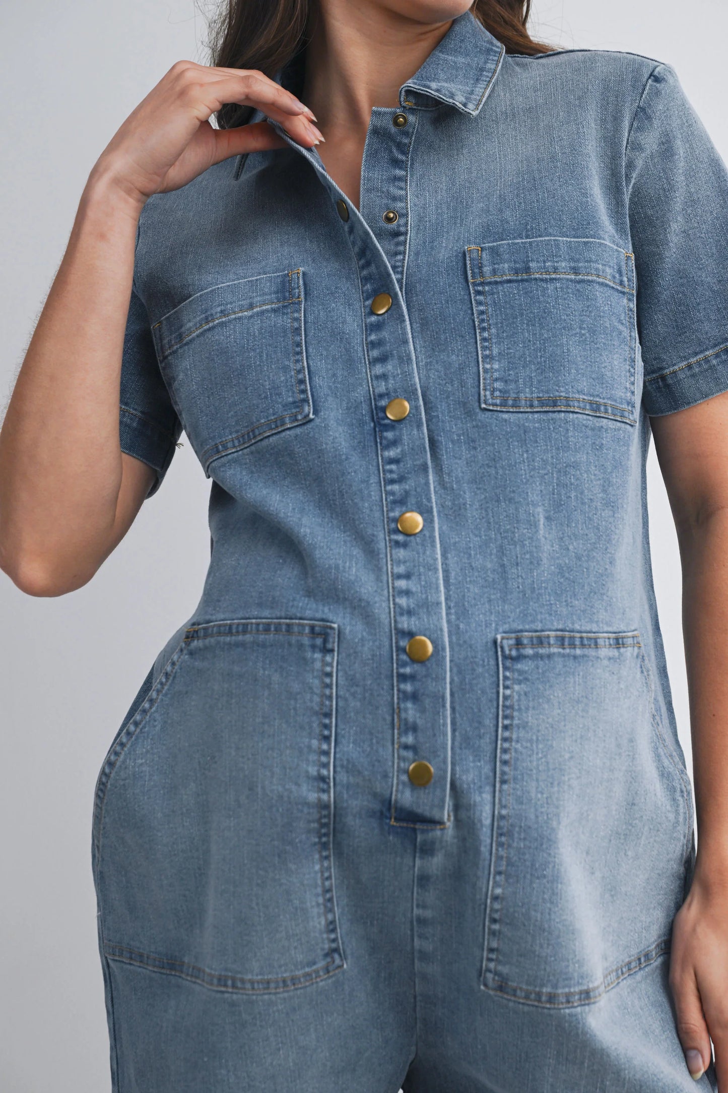 Hello Miz Collared Button Front Maternity Denim Romper