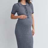 Ribbed Knit Collared Maternity Dress