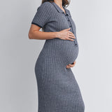 Ribbed Knit Collared Maternity Dress