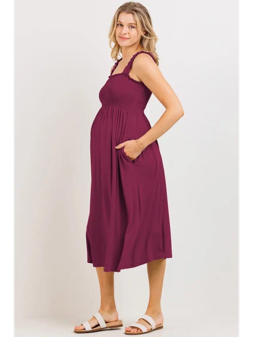 Smocked Sleeveless Maternity Midi Dress